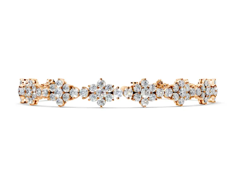 Floral Cluster Tennis Bracelet with Round Lab-Grown Diamonds Set in Rose Gold, Prong Setting