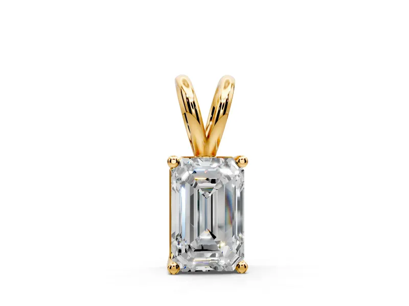 Solitaire Pendant Necklace with Emerald Cut Lab-Grown Diamond Set in Yellow Gold, 4-Prong Setting