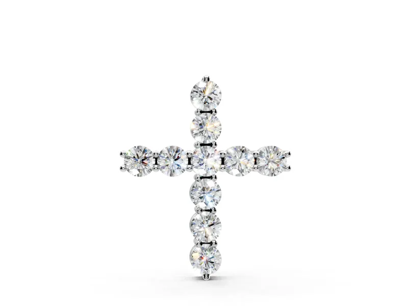 Cross Pendant Necklace with Round Lab-Grown Diamonds Set in White Gold, Individual Prong Setting