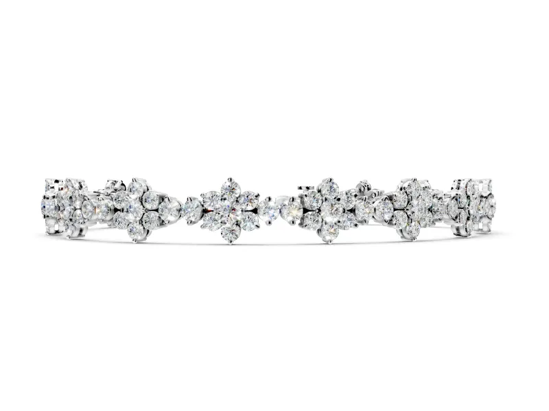 Floral Cluster Tennis Bracelet with Round Lab-Grown Diamonds Set in Sterling Silver, Prong Setting