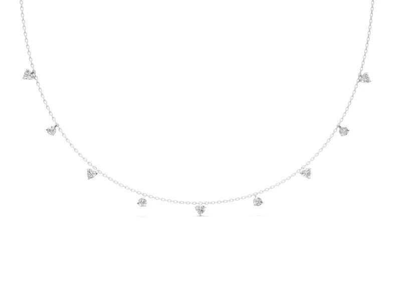 Station Necklace with Heart and Round Lab-Grown Diamonds Set in Sterling Silver, Alternating Stations
