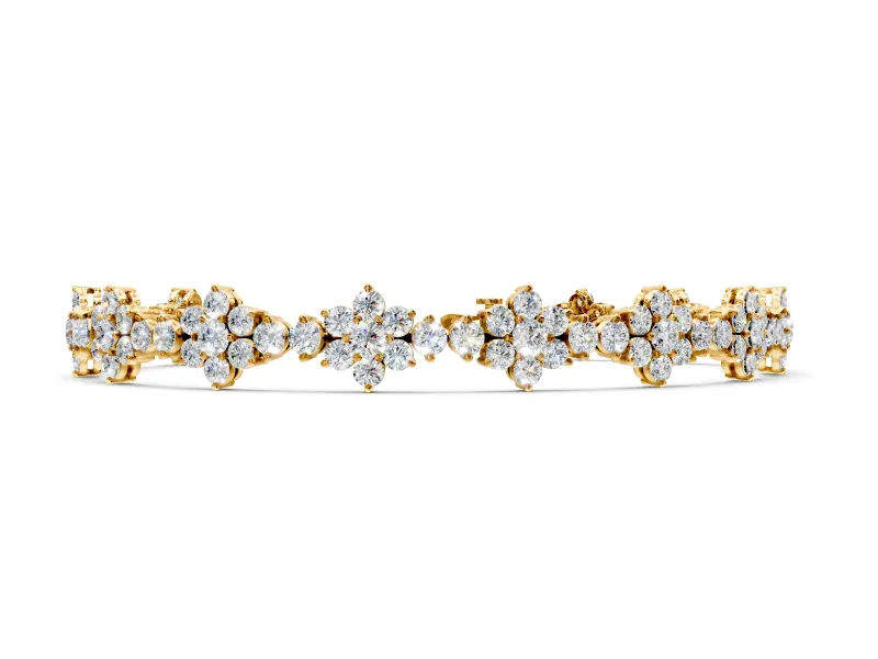 Floral Cluster Tennis Bracelet with Round Lab-Grown Diamonds Set in Yellow Gold, Prong Setting