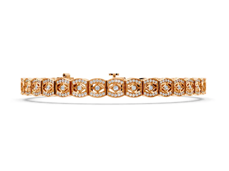 Pave Milgrain Openwork Link Bracelet with Round Lab-Grown Diamonds Set in Rose Gold, Rhombus Frame Centers
