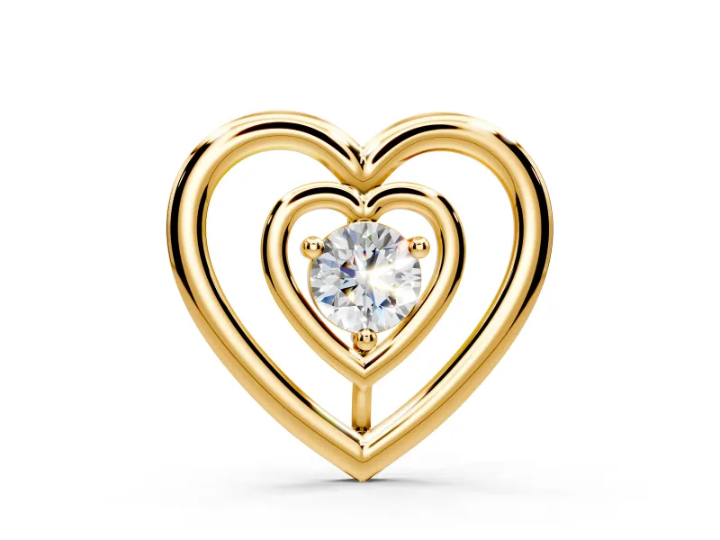 Double Heart Pendant Necklace with Round Lab-Grown Diamond Set in Yellow Gold, Open Outlines and 3-Prong Setting