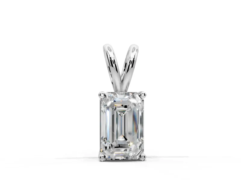 Solitaire Pendant Necklace with Emerald Cut Lab-Grown Diamond Set in White Gold, 4-Prong Setting