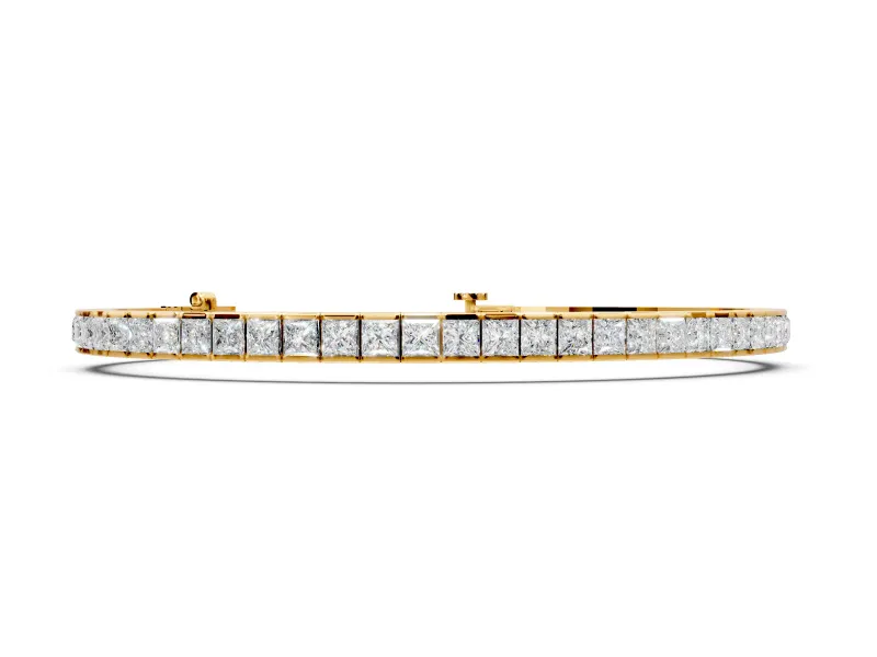 Channel Set Tennis Bracelet with Princess Cut Lab-Grown Diamonds Set in Yellow Gold, Continuous Row
