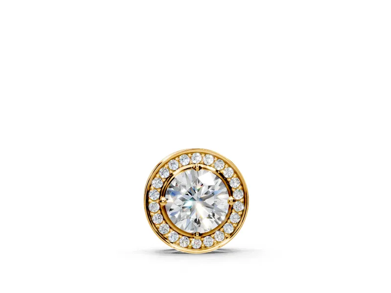 Halo Pendant Necklace with Round Lab-Grown Diamonds Set in Yellow Gold, Side Metalwork and 4-Prong Setting