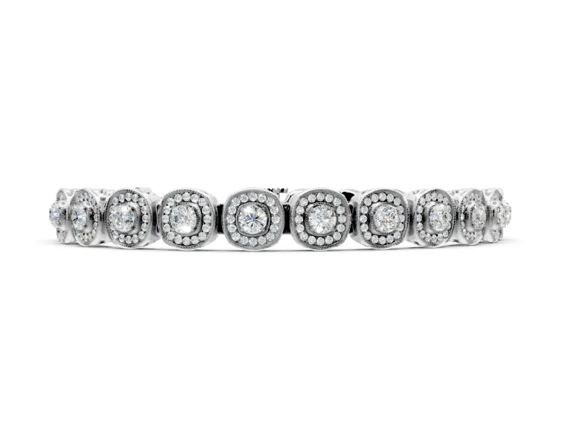 Halo Tennis Bracelet with Round Lab-Grown Diamonds Set in White Gold, Cushion-Shaped Milgrain Frames