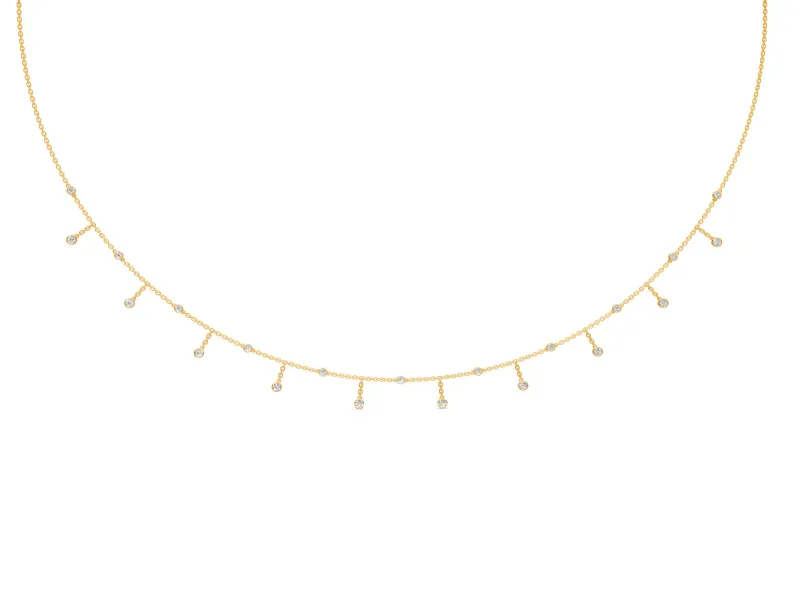 Bezel Drop Station Necklace with Round Lab-Grown Diamonds Set in Yellow Gold, Cable Chain