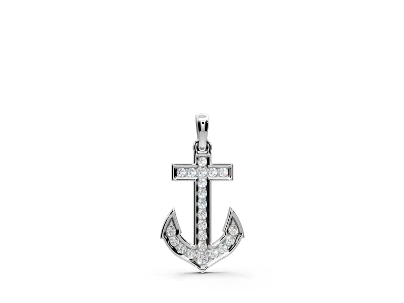 Anchor Pendant Necklace with Round Lab-Grown Diamonds Set in Sterling Silver, Pave and 4-Prong Setting
