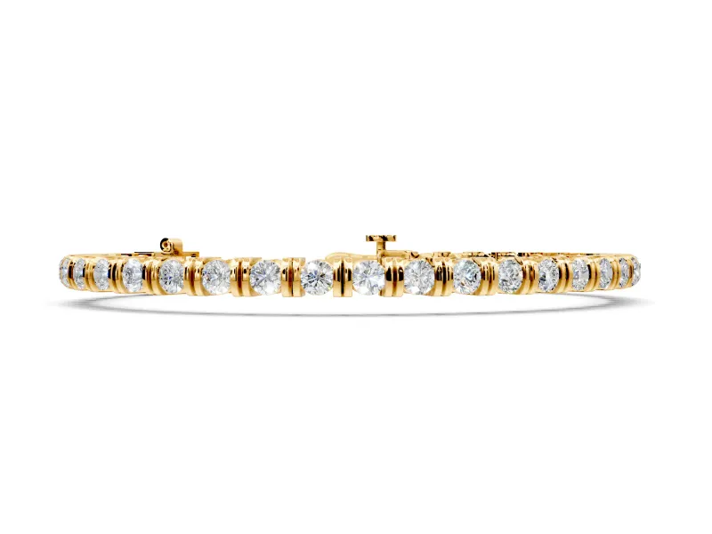 Bar Set Tennis Bracelet with Round Lab-Grown Diamonds Set in Yellow Gold, Vertical Bar Dividers and Box Clasp