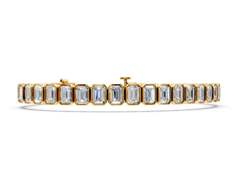 Bezel Tennis Bracelet with Emerald Cut Lab-Grown Diamonds Set in Yellow Gold, Full Rectangular Frames