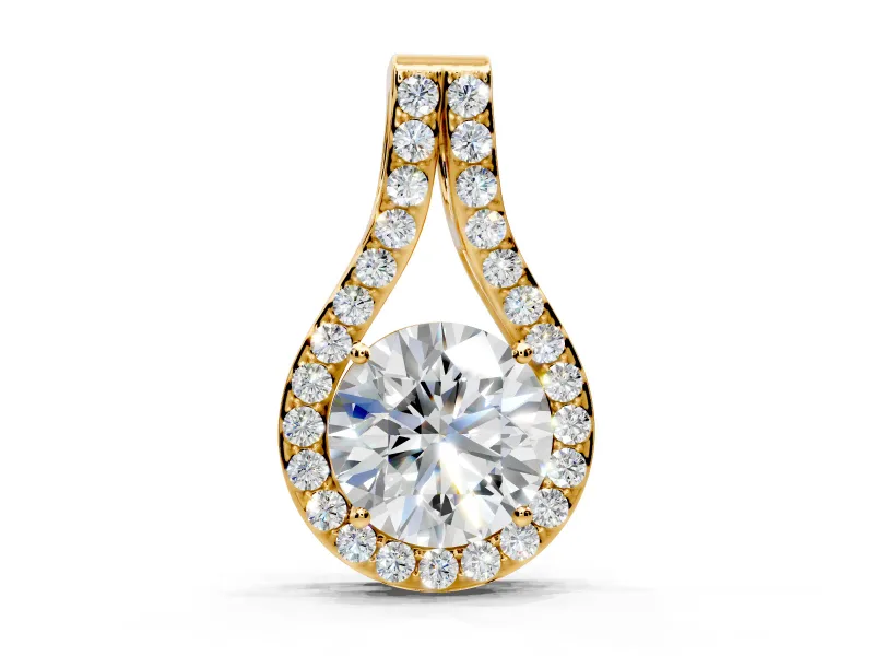 Halo Pendant Necklace with Round Lab-Grown Diamonds Set in Yellow Gold, Teardrop Halo and Pave Split Bail