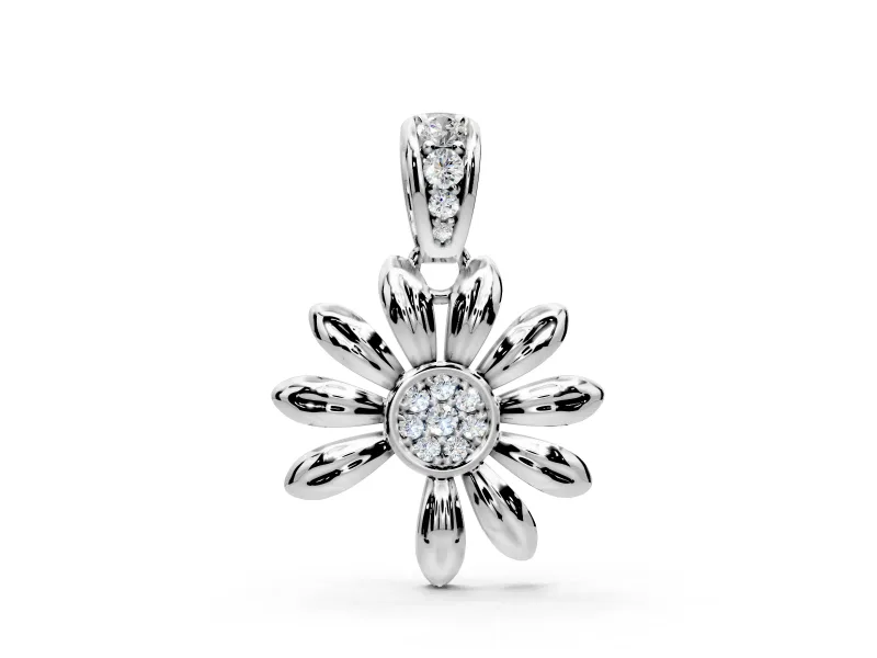 Daisy Pendant Necklace with Round Lab-Grown Diamonds Set in Sterling Silver, Pave Center and Accent-Set Bail