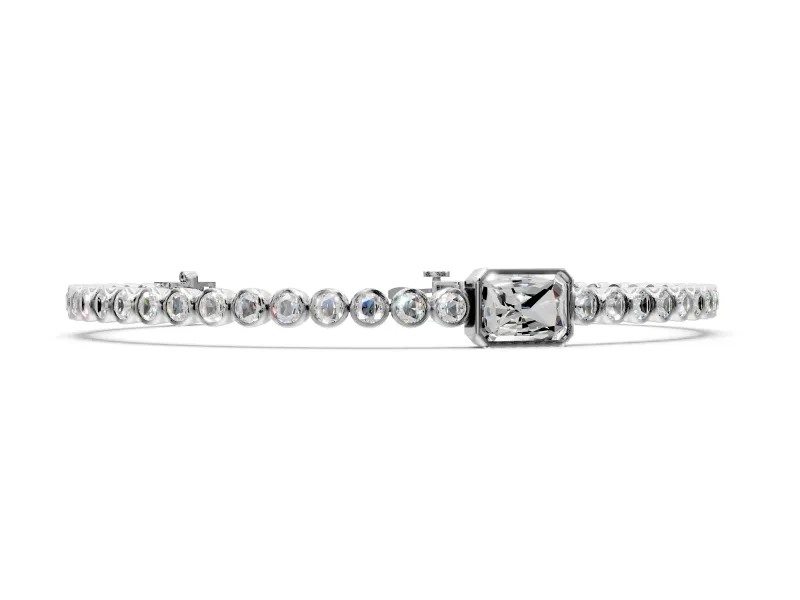 Bezel Tennis Bracelet with Round Lab-Grown Diamonds Set in White Gold, Radiant Cut Center Stone