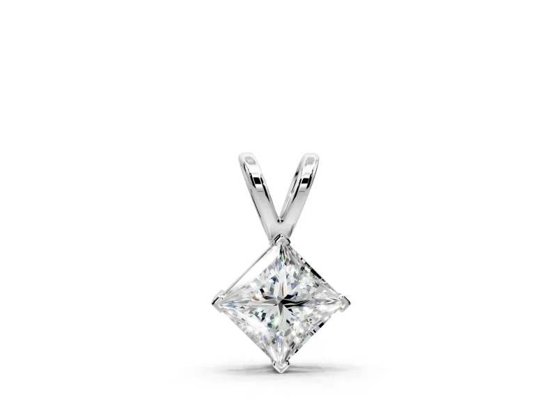 Solitaire Pendant Necklace with Princess Cut Lab-Grown Diamond Set in Sterling Silver, Split Bail and 4-Prong Setting