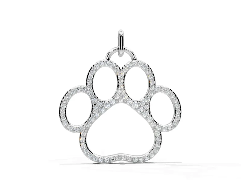 Paw Print Pendant Necklace with Round Lab-Grown Diamonds Set in White Gold, Pave Setting