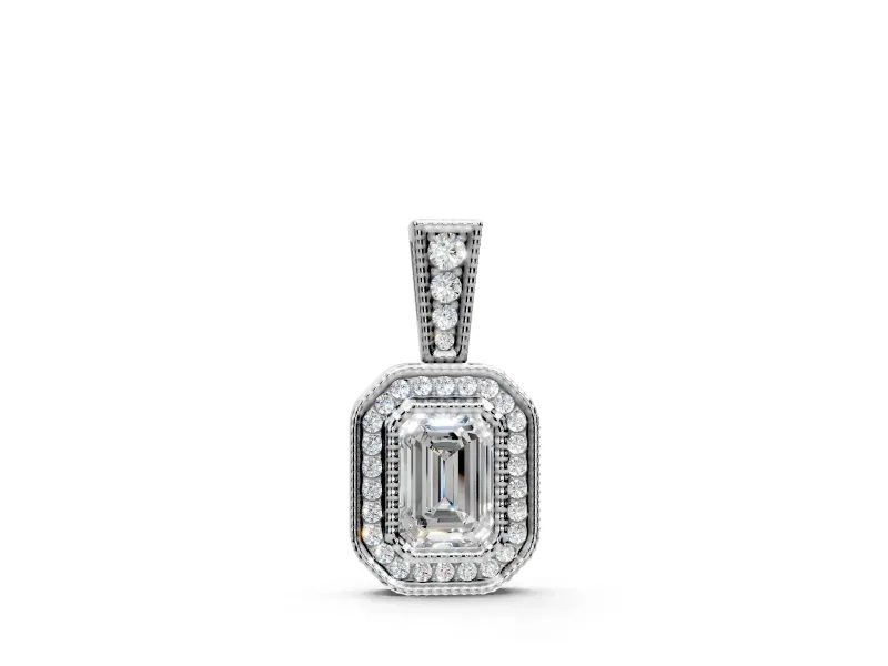 Pave Halo Pendant Necklace with Emerald Cut Lab-Grown Diamonds Set in Sterling Silver, Prong-Set Center