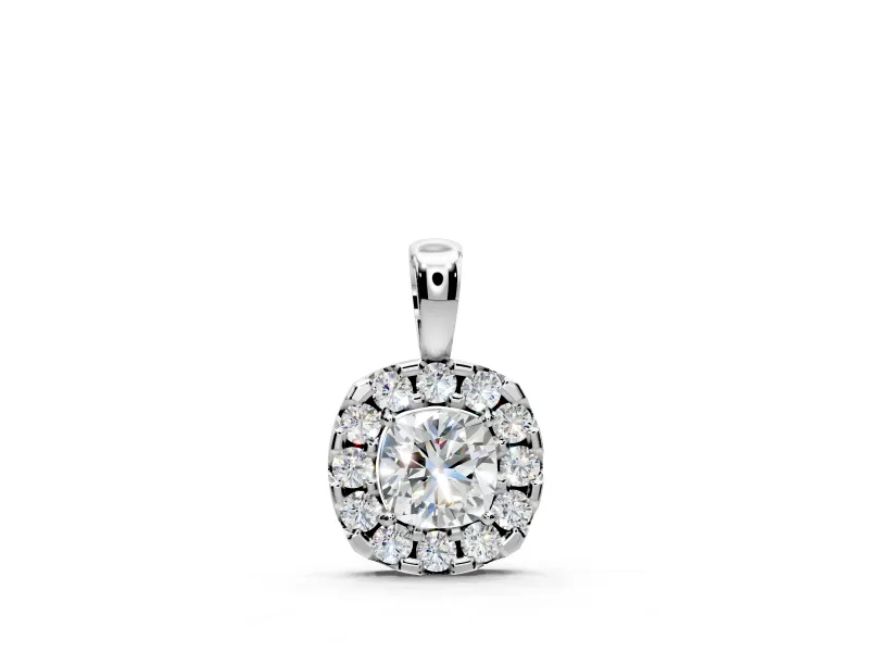 Halo Pendant Necklace with Cushion Cut Lab-Grown Diamonds Set in Sterling Silver, 4-Prong Center