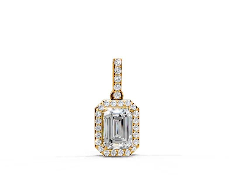 Halo Pendant Necklace with Emerald Cut Lab-Grown Diamonds Set in Yellow Gold, Close-Set Pave Halo