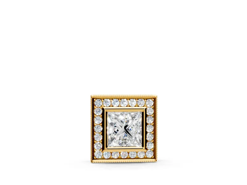 Halo Pendant Necklace with Princess Cut Lab-Grown Diamonds Set in Yellow Gold, Bezel Center and Round Accent Halo