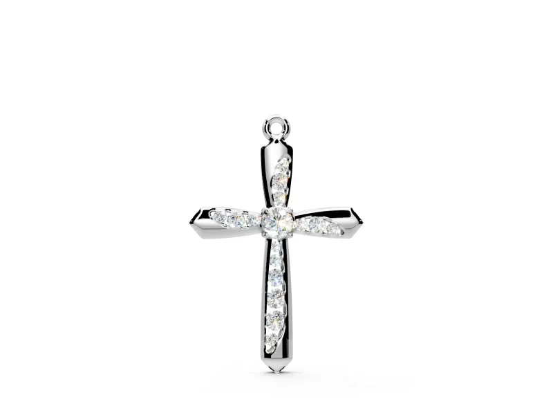 Cross Pendant Necklace with Round Lab-Grown Diamonds Set in Sterling Silver, Larger Center Stone and Prong Setting