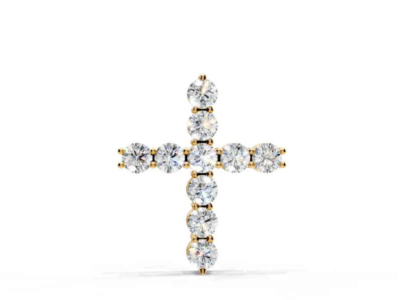 Cross Pendant Necklace with Round Lab-Grown Diamonds Set in Yellow Gold, Individual Prong Setting
