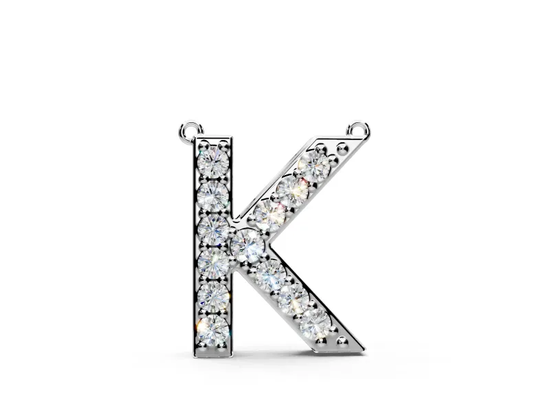 Initial K Pendant Necklace with Round Lab-Grown Diamonds Set in White Gold, Pave Prong Setting
