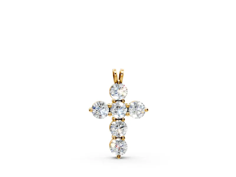Cross Pendant Necklace with Round Lab-Grown Diamonds Set in Yellow Gold, Shared Prong Arms