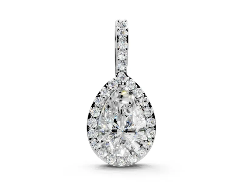 Halo Pendant Necklace with Pear-Shaped Lab-Grown Diamonds Set in Sterling Silver, Wide Straight Pave Bail