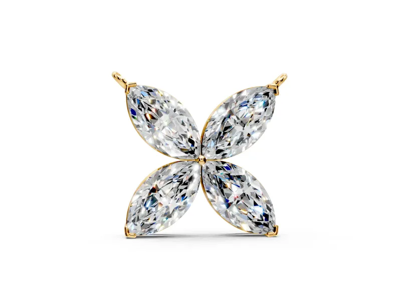 Flower Pendant Necklace with Four Marquise Lab-Grown Diamonds Set in Yellow Gold, 4-Prong Setting