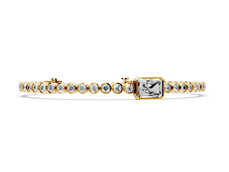 Bezel Tennis Bracelet with Round Lab-Grown Diamonds Set in Yellow Gold, Radiant Cut Center Stone