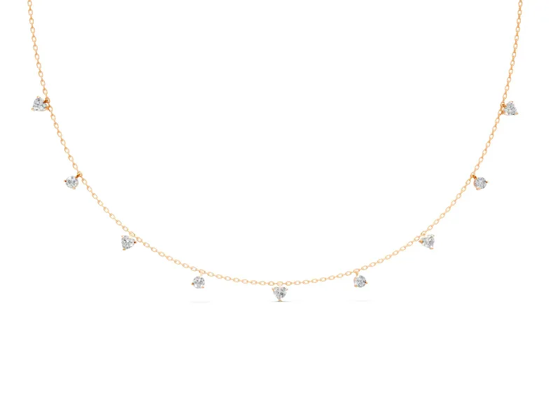 Station Necklace with Heart and Round Lab-Grown Diamonds Set in Rose Gold, Alternating Stations
