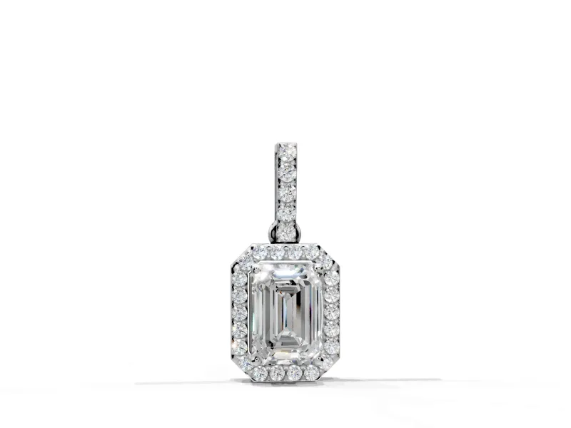 Halo Pendant Necklace with Emerald Cut Lab-Grown Diamonds Set in Sterling Silver, Close-Set Pave Halo