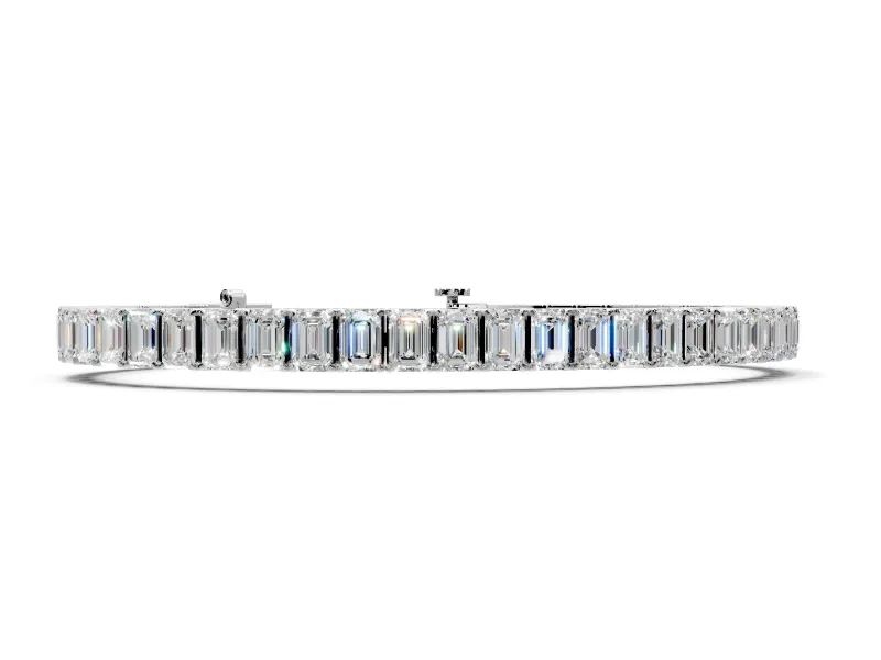 Tennis Bracelet with Emerald Cut Lab-Grown Diamonds Set in Sterling Silver, Continuous Row and 4-Prong Setting