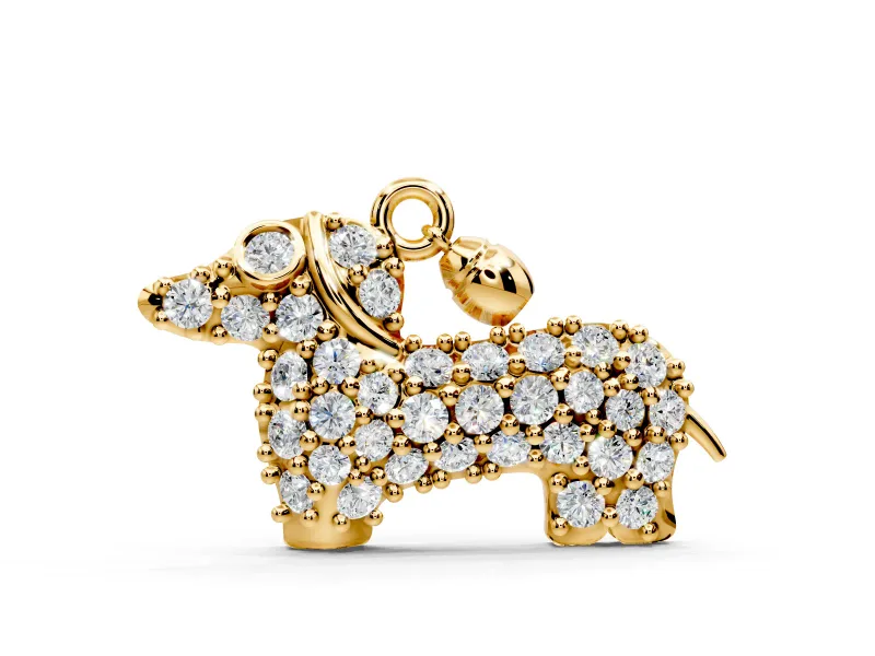 Dachshund Pendant Necklace with Round Lab-Grown Diamonds Set in Yellow Gold, Pave Setting