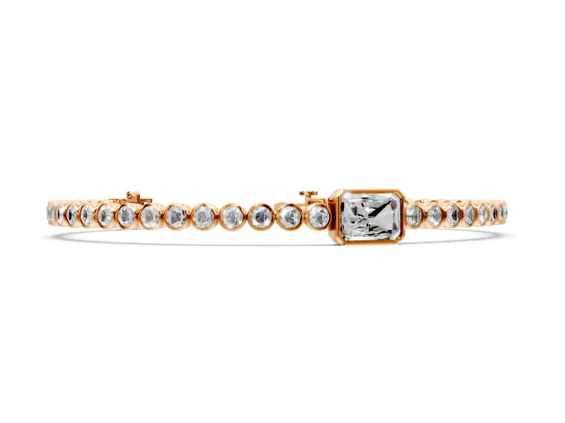 Bezel Tennis Bracelet with Round Lab-Grown Diamonds Set in Rose Gold, Radiant Cut Center Stone