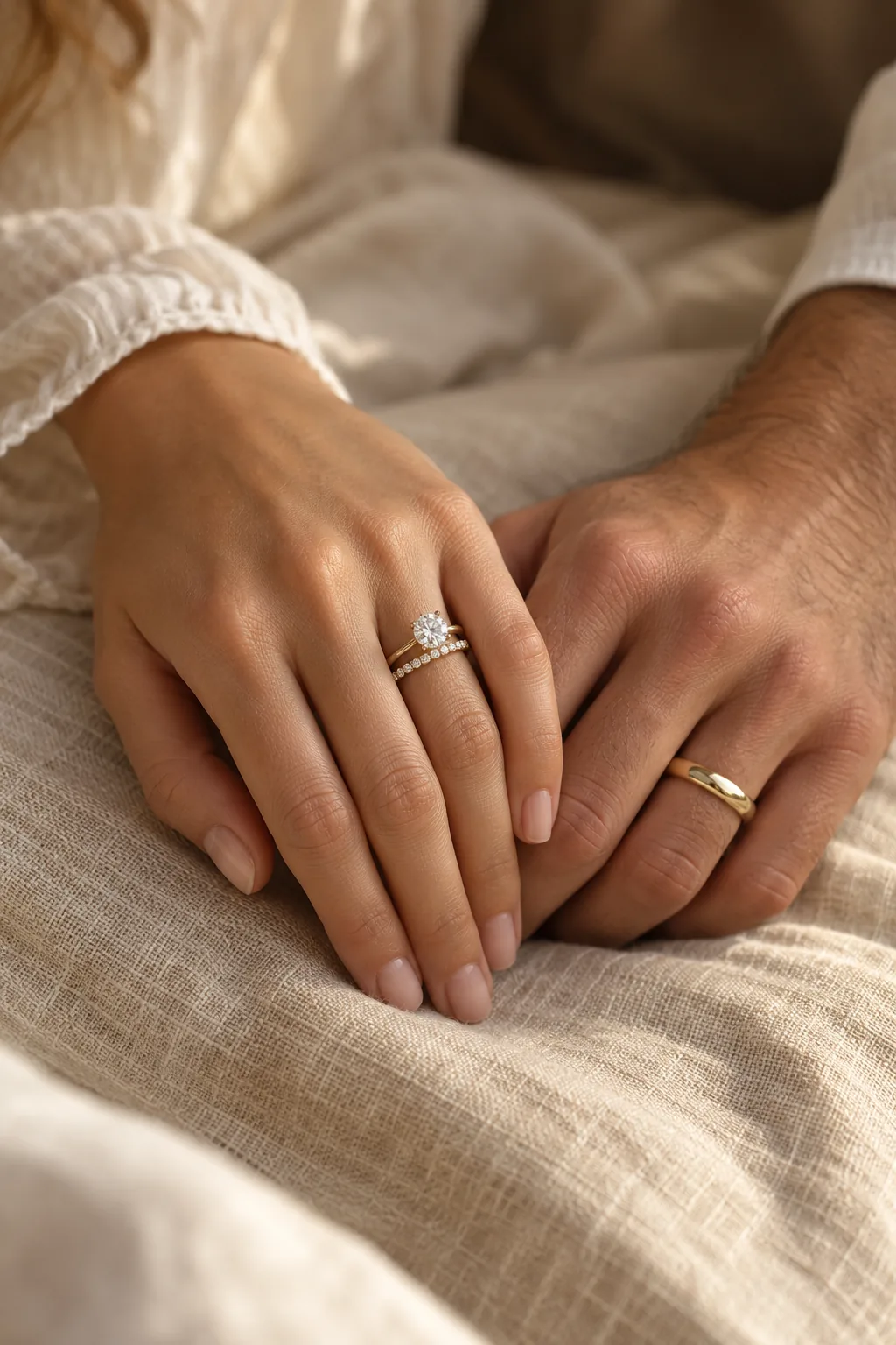 Two hands on linen, one with a diamond eternity band under an engagement ring, the other with a gold band