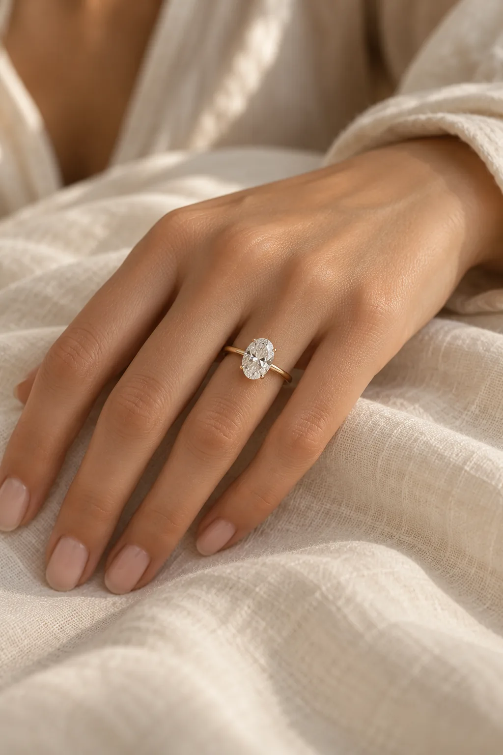A hand resting on ivory linen, wearing an oval diamond solitaire engagement ring