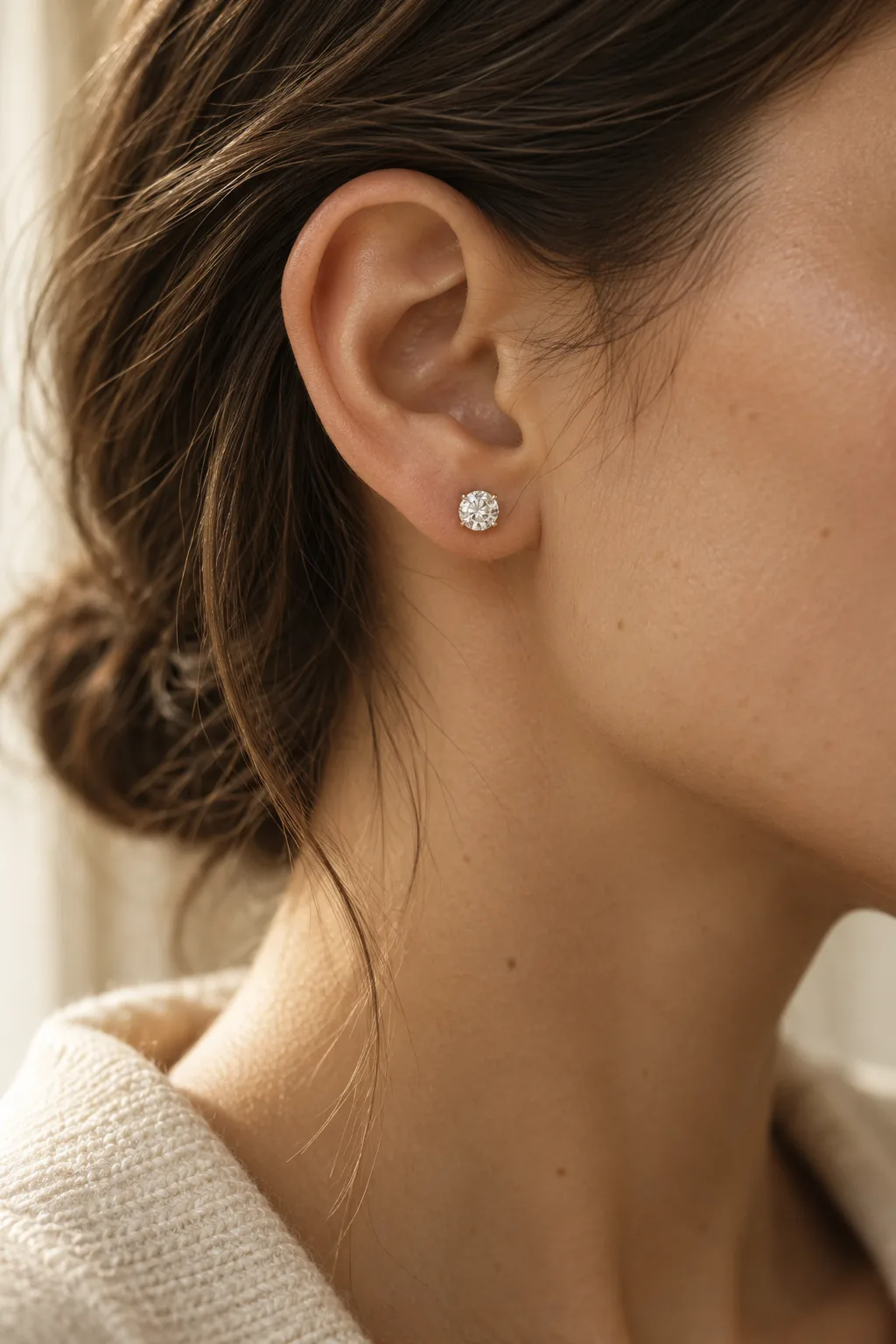 An ear wearing a single round diamond stud