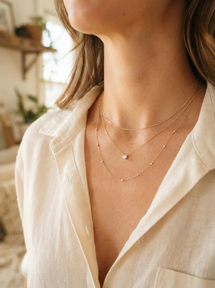 Three fine gold necklaces layered at the collar, one with a bezel-set diamond