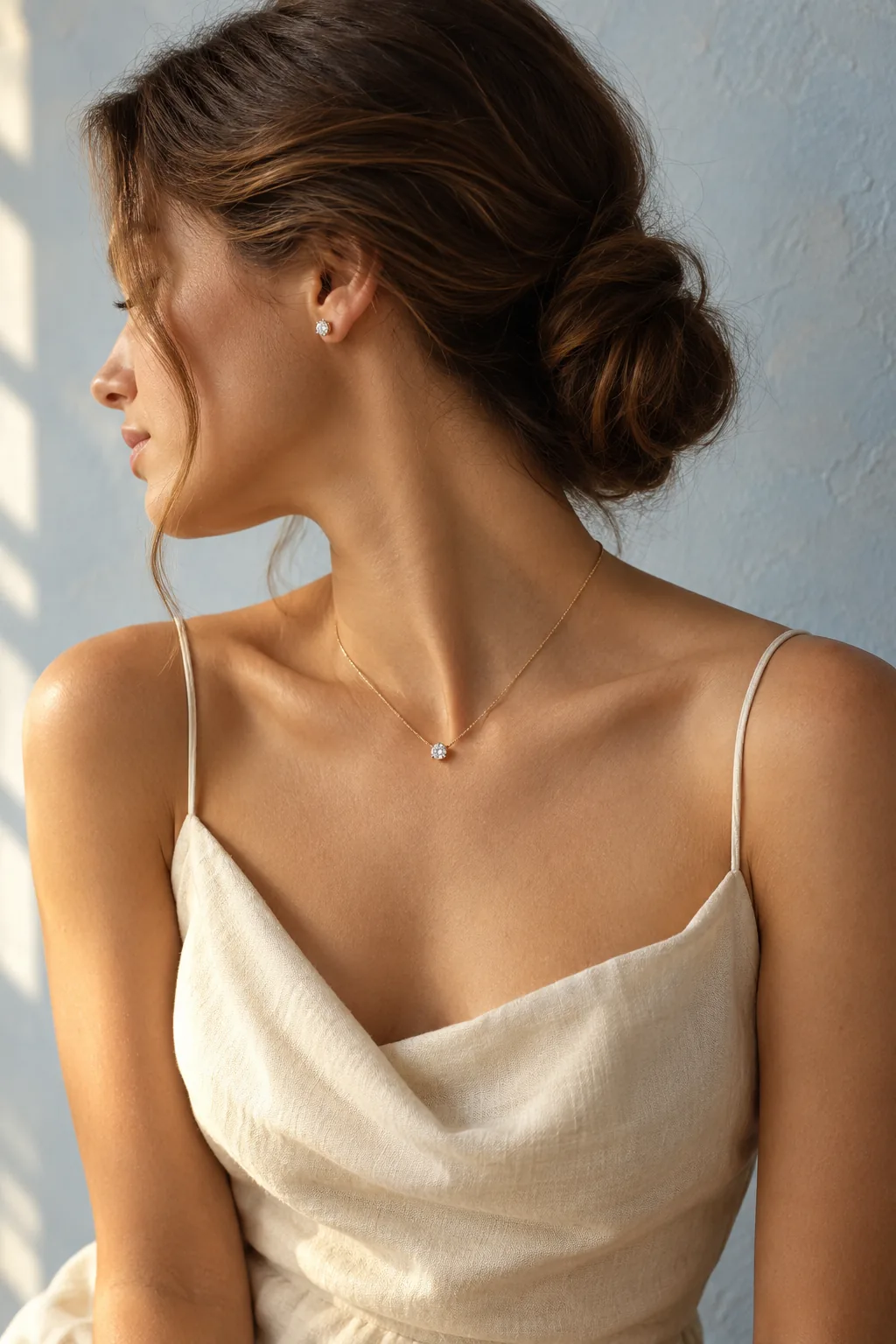 A woman in a cream dress against a pale blue wall, wearing diamond studs and a fine necklace