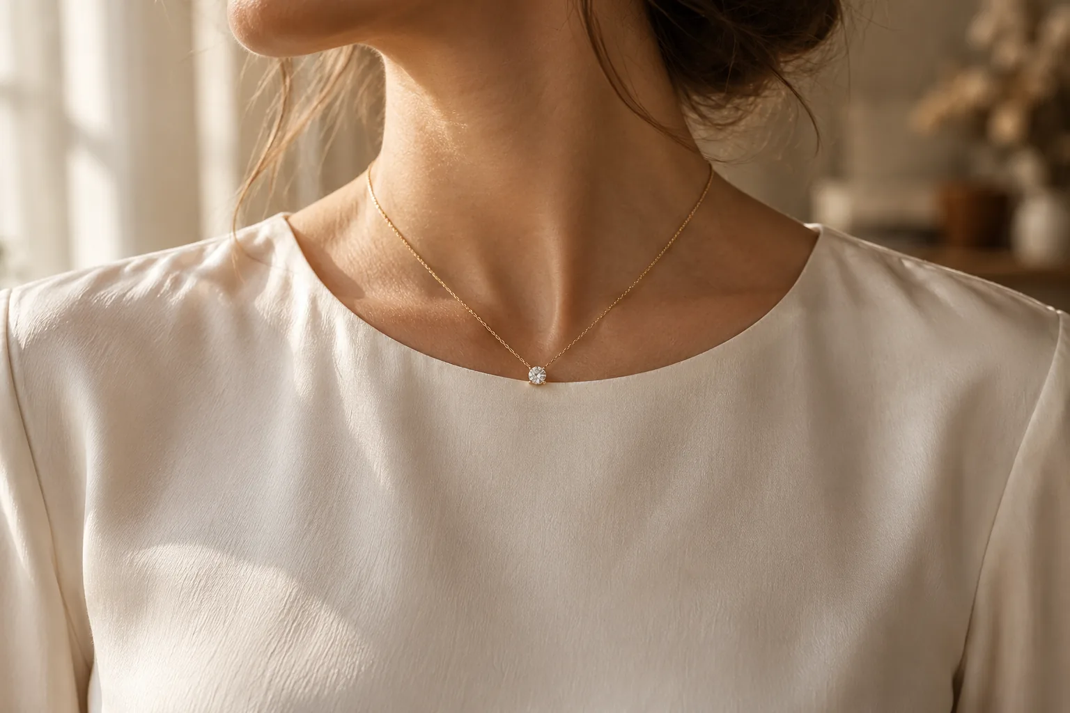 A fine chain with a small diamond pendant, worn with cream silk