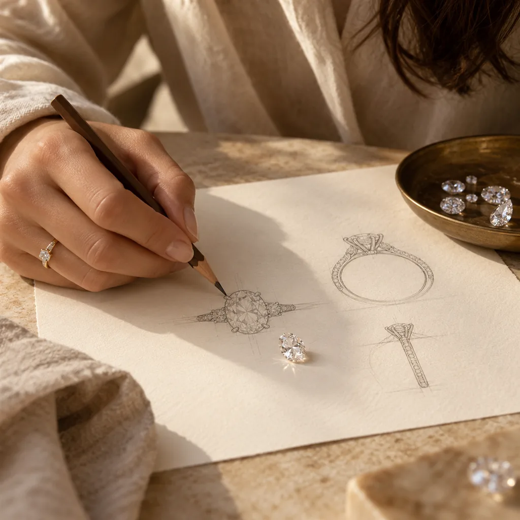 A ring sketched on paper beside loose diamonds
