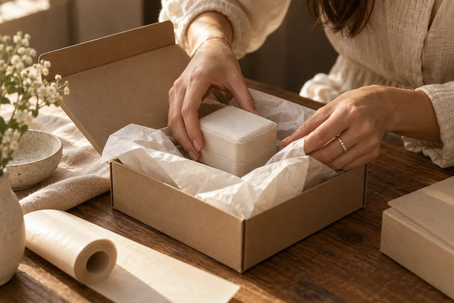 Hands packing a small ivory ring box into a padded parcel